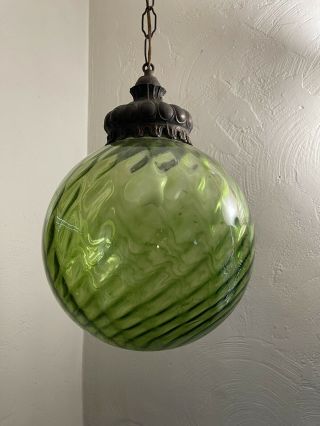 Vintage 60s Mid Century Modern Avocado Green Glass UFO Swag Hanging Lamp Light 3