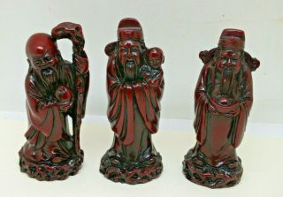 3 X Vintage Japanese Cast Resin Figure Figurine Dark Red Men Three Buddhas
