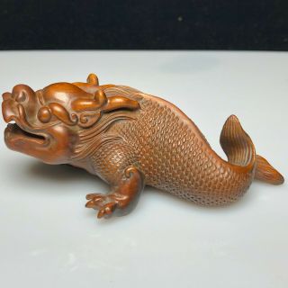 Old Handwork Boxwood Vintage Chinese Zodiac Dragon Fish Netsuke Statue Pendant