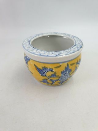Chinese Porcelain Planter Flower Pot Jardiniere Hand Painted Blue Floral Yellow