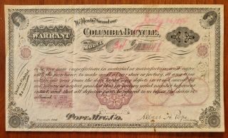 Columbia Bicycle 1894 Beautifully Engraved Guarantee Certificate Pope