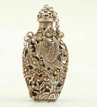 Chinese Retro Tibetan Silver Hand Carved Bird Crane Statue Cutout Snuff Bottle S