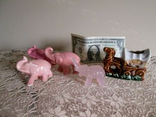 Four Vintage Miniature Pottery Pink Elephants And A Mini Covered Wagon