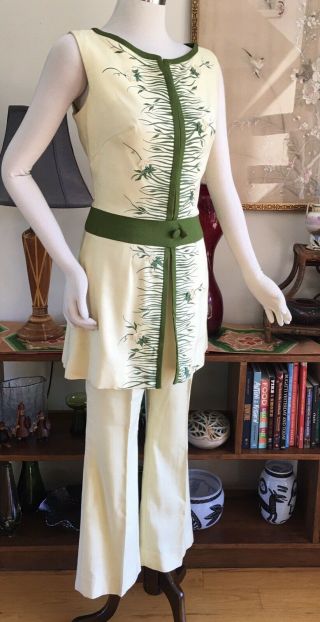 Vintage 1960s 2 - Pc Pants Set Tunic Top Floral High Waist S Cover Girl Of Miami