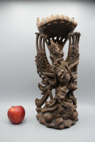Antique South East Asia Balinese Hard Wood Carving Of Vishnu Riding Garuda 1940s