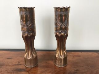Vintage Wwi,  Wwii 1914 - 45? Brass Military Shell Casing Trench Art Etched Vases
