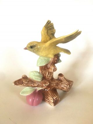 Vintage Ceramic Glossy Yellow Bird Figurine On Peach Branch Home Decor 6 3/4 "