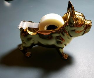 Gold Metalic French Bulldog Scotch Tape Dispenser Holder W/ Tape Office Supply