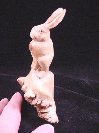 (q200 - B) Little Baby Bunny Rabbit Lover Parasite Wood Carving Figurine Display