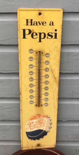 Vtg 1960s Pepsi Cola Soda Thermometer Embossed Ad Sign 27”x 7.  25” “have A Pepsi”