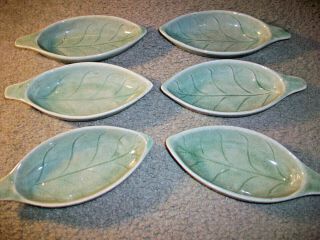 6 Thai Celadon Pottery Jade Green Leaf Dish 8 1/4 " X 3 1/2 " Condiments Appetizer