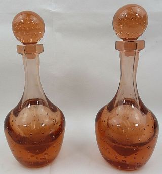 2 Vintage Mid - Century Italian Heavy Clear Art Glass Pink Wine Bottle Decanter 9 "