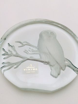 Vintage Viking Hand Made Glass Owl Paperweight Sitting On Branch Clear Crystal