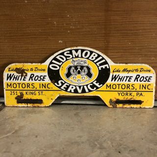 Vintage Oldsmobile Service White Rose Motors Metal License Plate Topper Sign