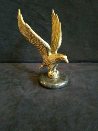 Vintage 5 1/2 " Brass Eagle Spread Wings Figure Statue On Round Marble Base