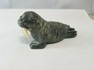 Walrus With Tusks Hand Carved Soapstone Art Sculpture By A Wolf / Canada - 1970 