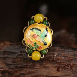 Chinese Antique Cloisonne Yellow & Blue Agate Jade Copper Bronze Adjustable Ring