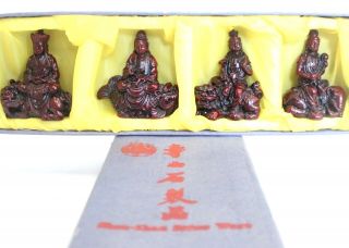 Set Of 4 East Asian Design 8cm Tall Red Resin Buddha Style Figures Boxed - K20