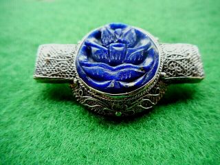 Antique Chinese Carved Lapis Lazuli Sterling Silver Filigree Brooch / Scarf Clip