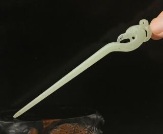 Old China Natural Hetian White Jade Hand - Carved Statue Phoenix Hairpin 5inch