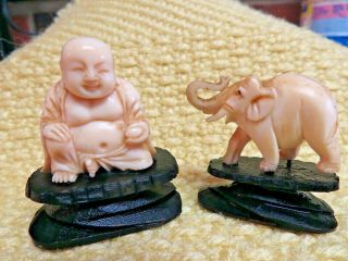 Vintage Miniature Hand Carved Elephant And Buddha Figurines 2 Hong Kong