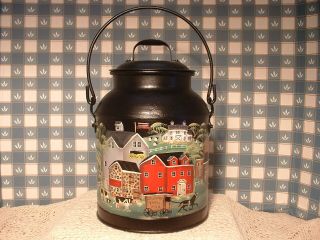 Vintage Metal 4 Qt.  Milk Can Country Farms Cows Houses Hand Painted Folk Art