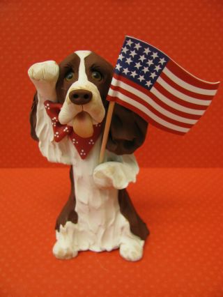 Handsculpted L/w English Springer Spaniel Saluting American Flag Dog Figurine