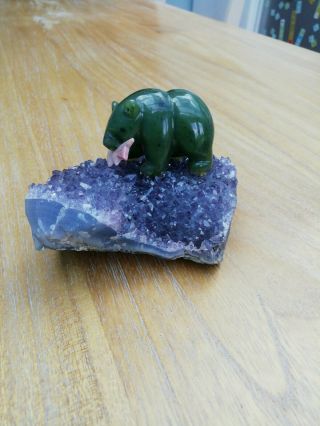 Nephrite Jade Carved Bear With Fish On Natural Amethyst Base