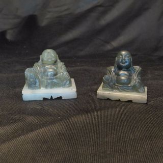 2 Vintage Small Green Soapstone Carved Buddha On Carved Soapstone Stand.