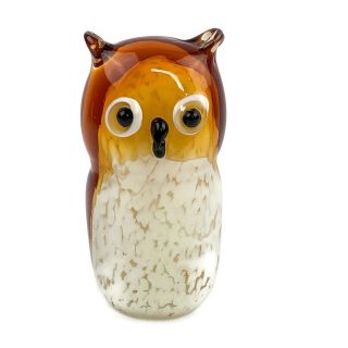 Studio Art Glass Hand Blown Brown Owl Figurine Mid Century Modern Big Eyes