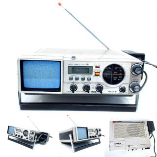 Vintage Sony Tv - 413 Portable B&w Tv Am/fm Radio Quartz Clock Digital Alarm 3 "