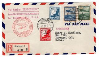 May 1936 Registered Hindenburg Airship Cover Frankfurt Stuttgart To Lakehurst Nj