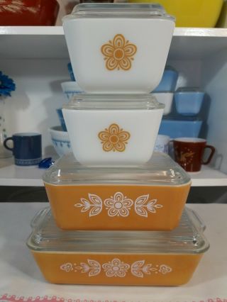 8 - Pc Complete Vintage Pyrex Butterfly Gold Refrigerator Dish Set 501,  502,  503