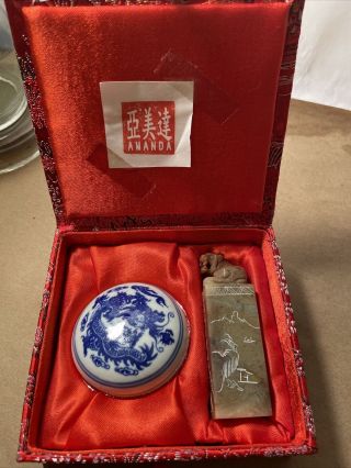 Vintage Chinese Soapstone Wax Stamp Seal Set W/porcelain Wax Pot " Amanda”