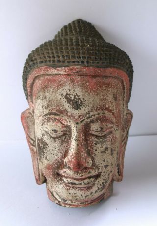 Antique Chinese Wooden Hand Carved Red Buddha Head