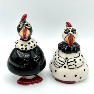 Blue Sky Clayworks Ceramic Funky Chickens Rooster Salt Pepper Pots Shakers USA 2