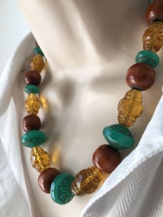 Vintage Art Deco Yellow Green Czech Moulded Amber Glass Necklace Gablonz Neiger
