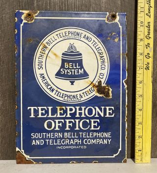 Vintage Southern Bell System Telephone Porcelain Sign Telegraph Office Gas Oil