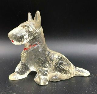 Vintage Clear Glass Sitting Scotty Dog Figurine Paperweight Red Tongue Collar