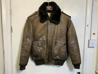 Vintage Scotch Leather Bomber Jacket Size 48 / L W/ Fur Collar Ace Patina