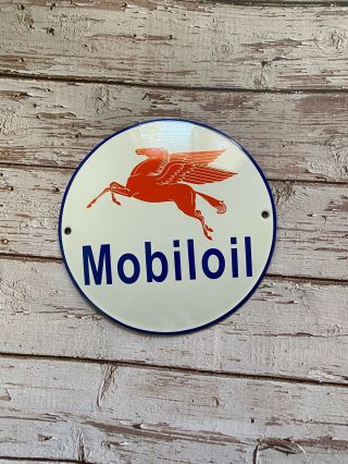 Vintage Mobiloil Red Mobil Pegasus 6 " Porcelain Metal Enamel Gas & Oil Ad Sign
