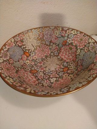Enameled Large 14 Inch Vintage Flowered Chinese Porcelain Bowl Brass Rimmed