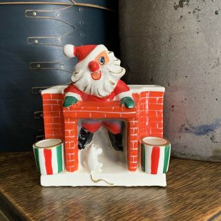 Vintage Santa Claus Candle Holder Planter Mouse Fireplace Winking Santa Japan