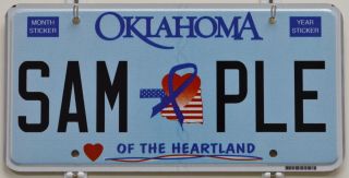 Oklahoma Heart Of The Heartland Sample License Plate Tag,  Ok