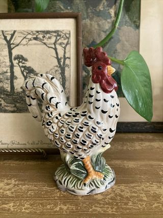 Vintage Small Ceramic Rooster - Cream With Black - Very Detailed - 5 " Tall