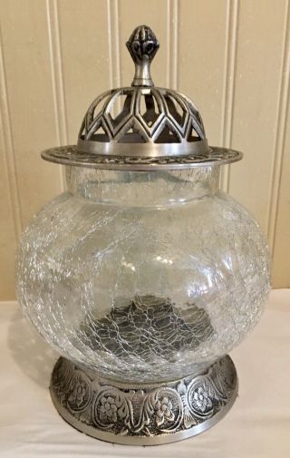 Vintage Cracked Glass And Brass Decorative Jar India