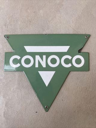 Vintage 1950’s Conoco Green Triangle Porcelain Gas Pump Plate Sign
