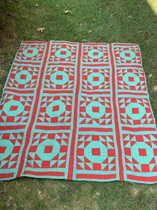 Vintage Double X Octagon Quilt Hand Made 64 X 152 Red Green Holiday Vguc