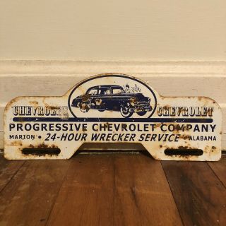 Vintage Alabama Chevrolet Company Metal License Plate Topper Sign 24 Hr Wrecker