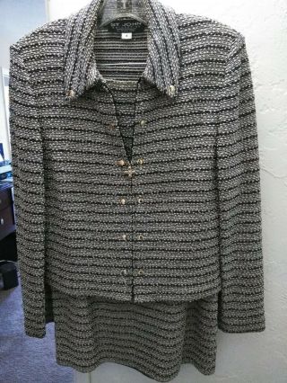 Vtg St.  John By Marie Gray 2 Pc.  Skirt Suit Sz 8 Textured Tweed Knit Gray Stripe